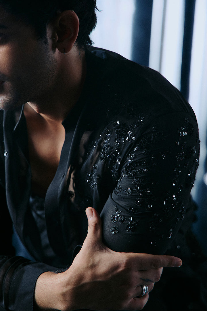 Black Applique floral shirt