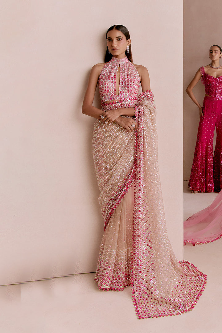 Nude and pink sequin saree