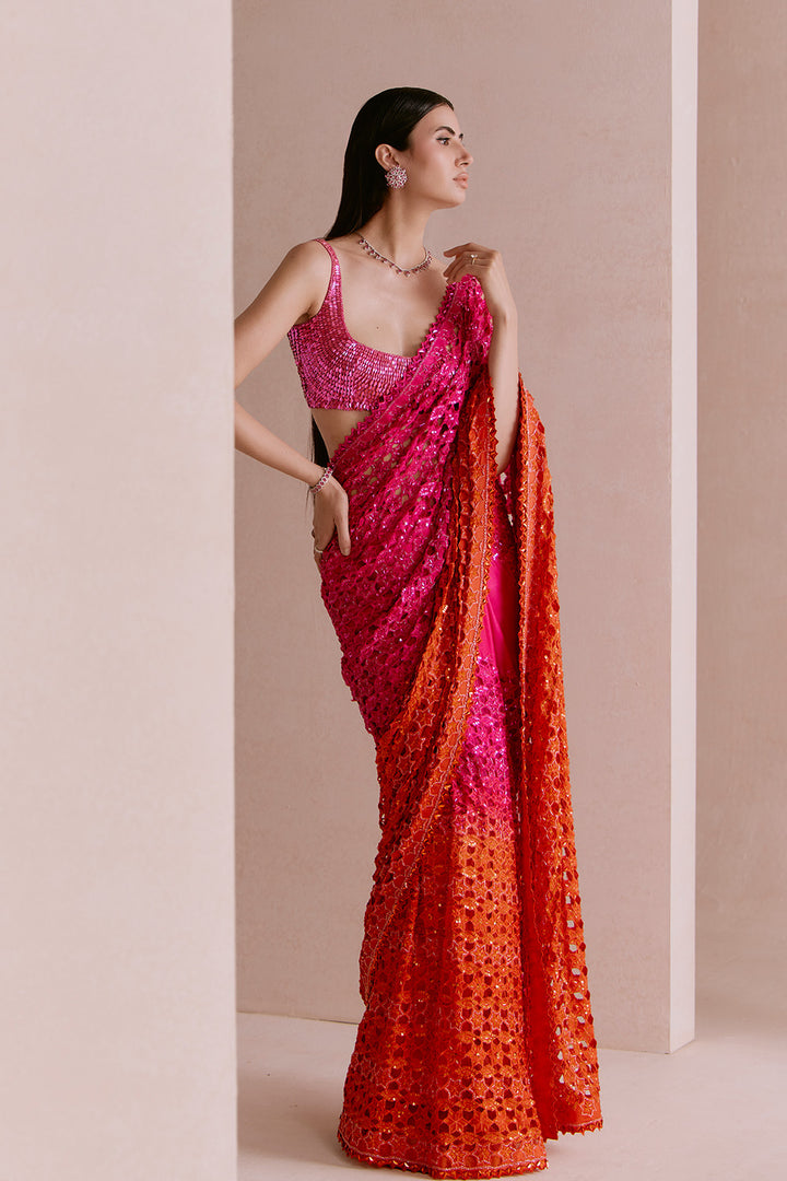 pink to orange cutwork saree set
