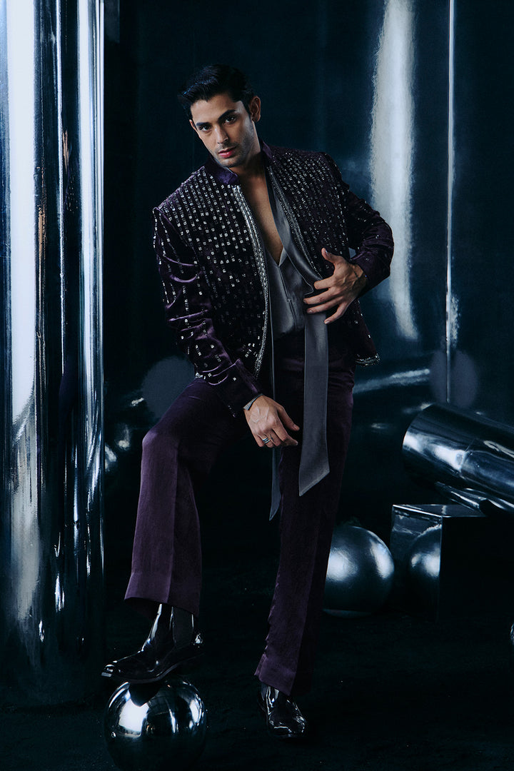 Purple falling stars crop Bandhgala jacket
