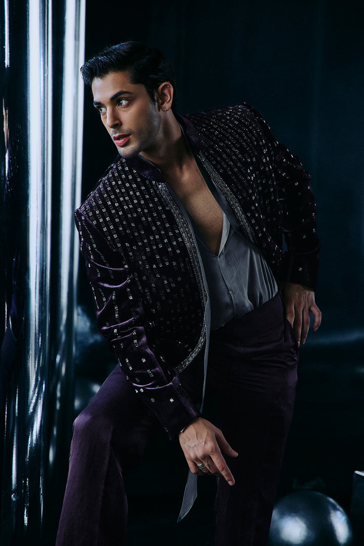 Purple falling stars crop Bandhgala jacket