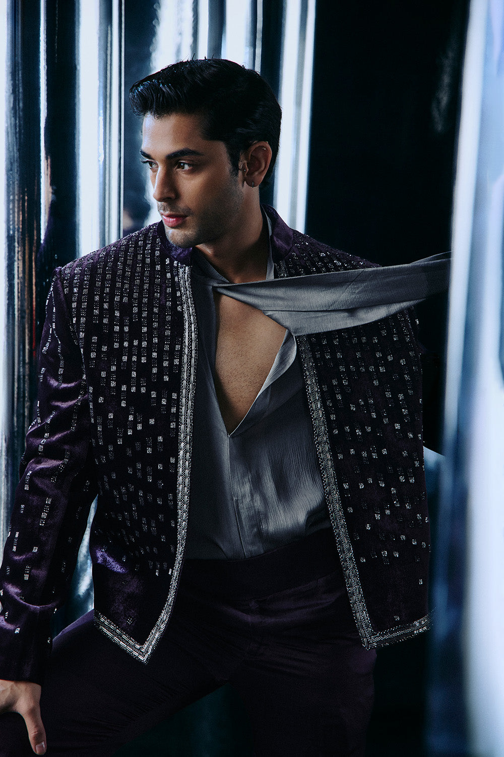Purple falling stars crop Bandhgala jacket