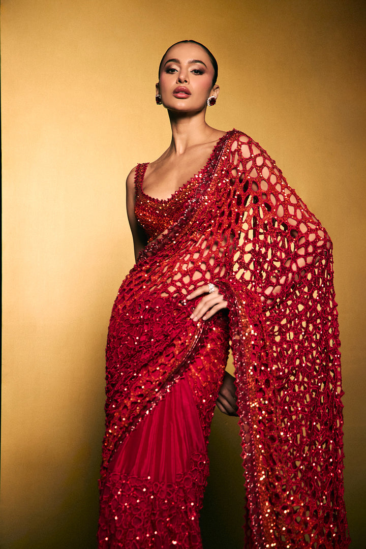 red cutwork saree