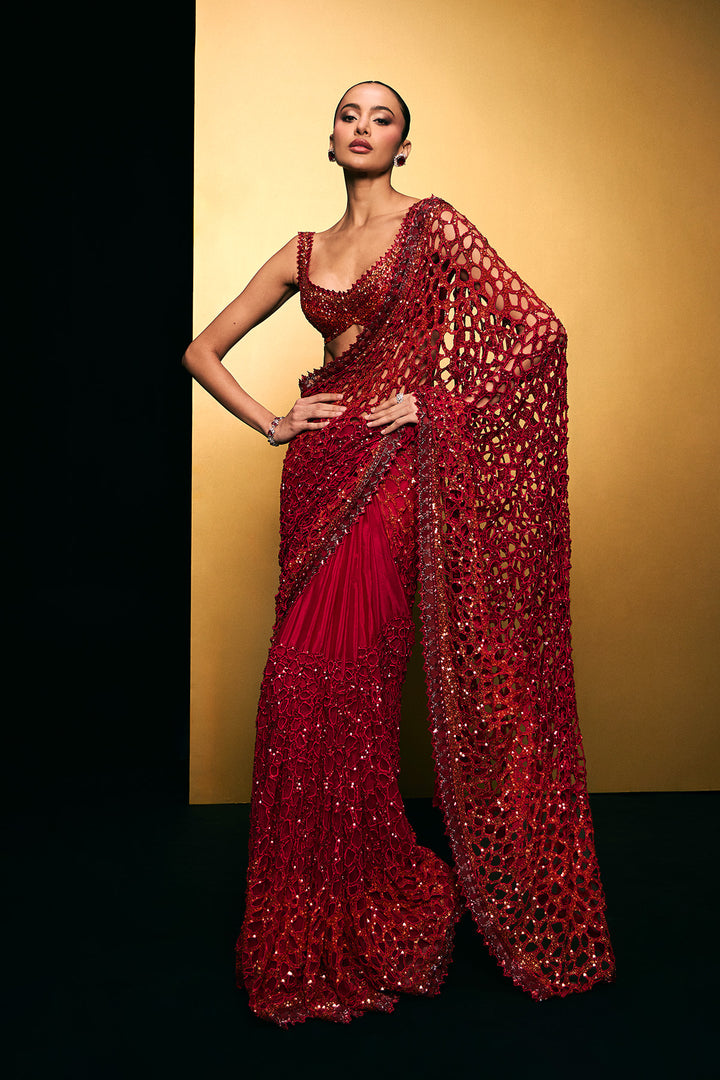 red cutwork saree
