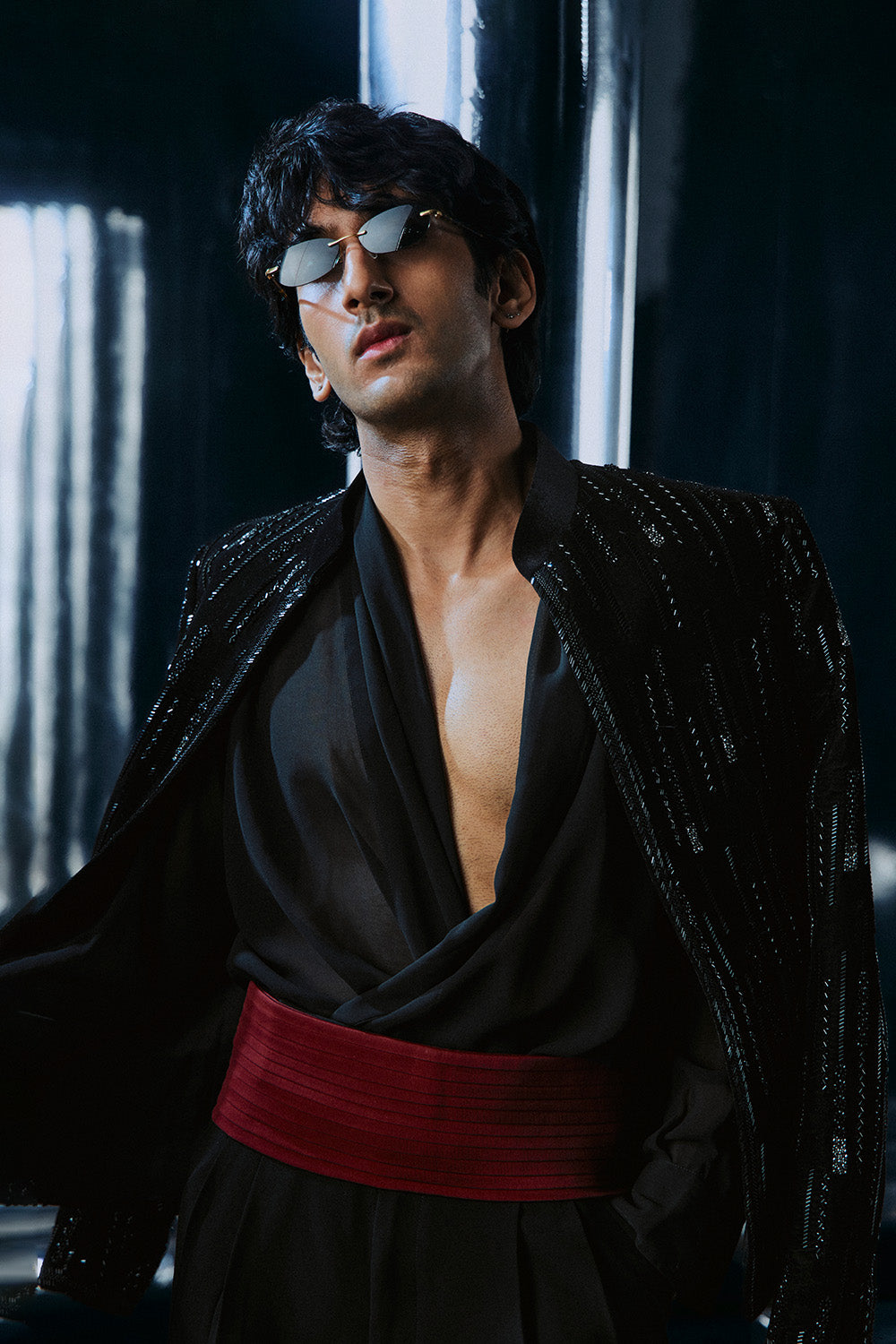 Black falling stars crop Bandhgala jacket
