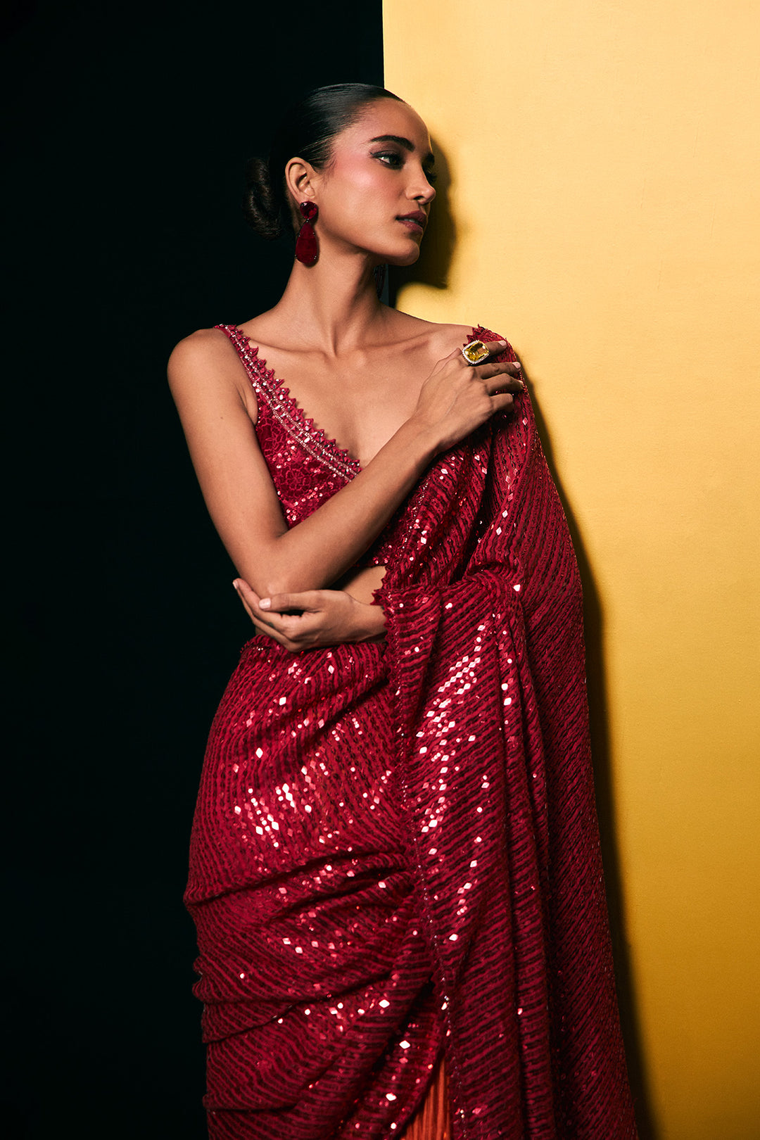 red orange yellow ghicha saree