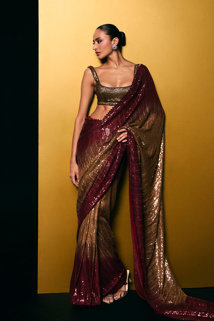 Red and gold sequins saree set