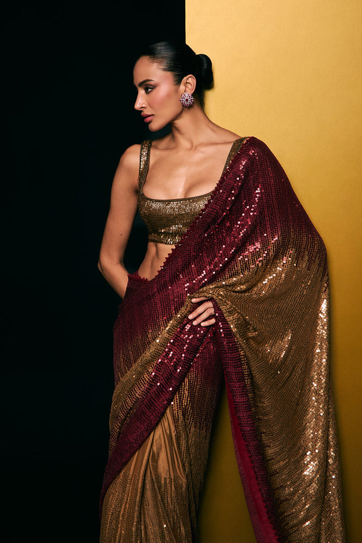 Red and gold sequins saree set