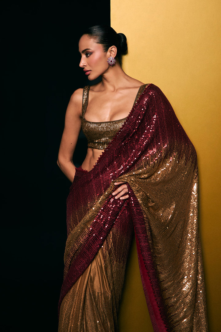 Red and gold sequins saree set