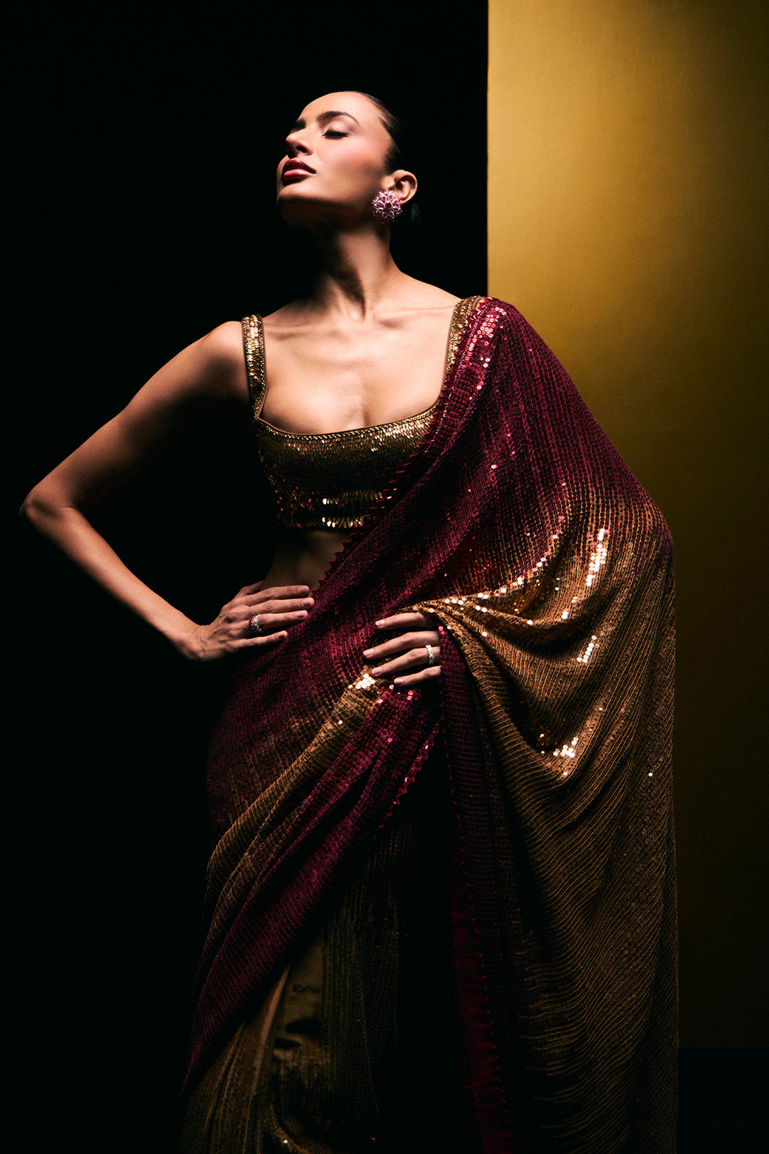 Red and gold sequins saree set