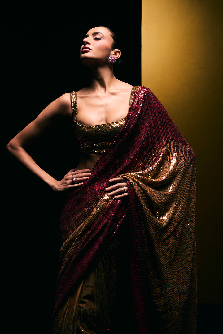 Red and gold sequins saree set