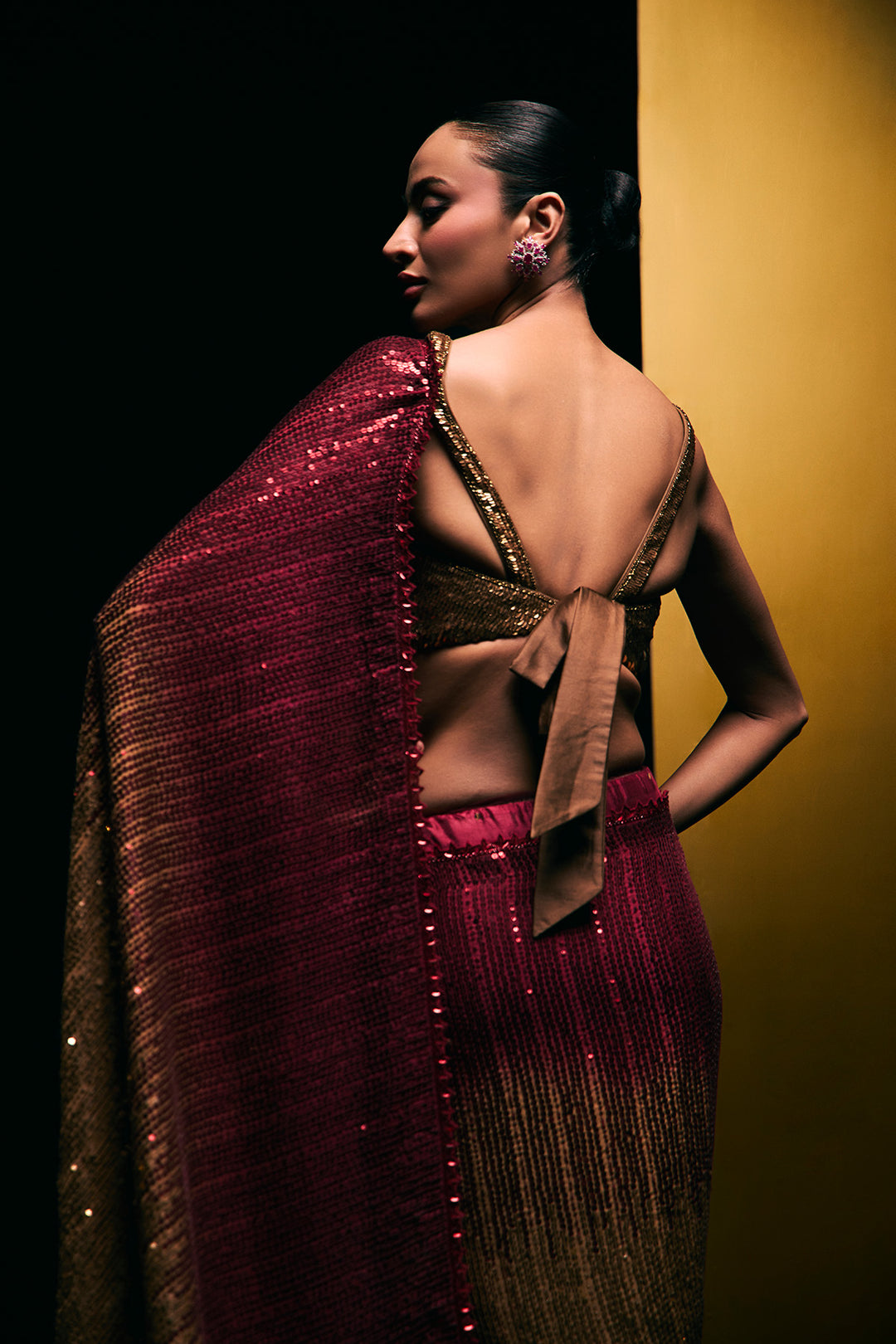 Red and gold sequins saree set