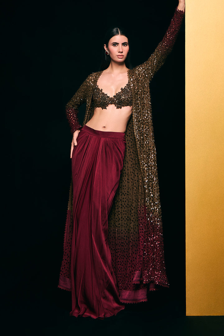gold to maroon cutwork cape set