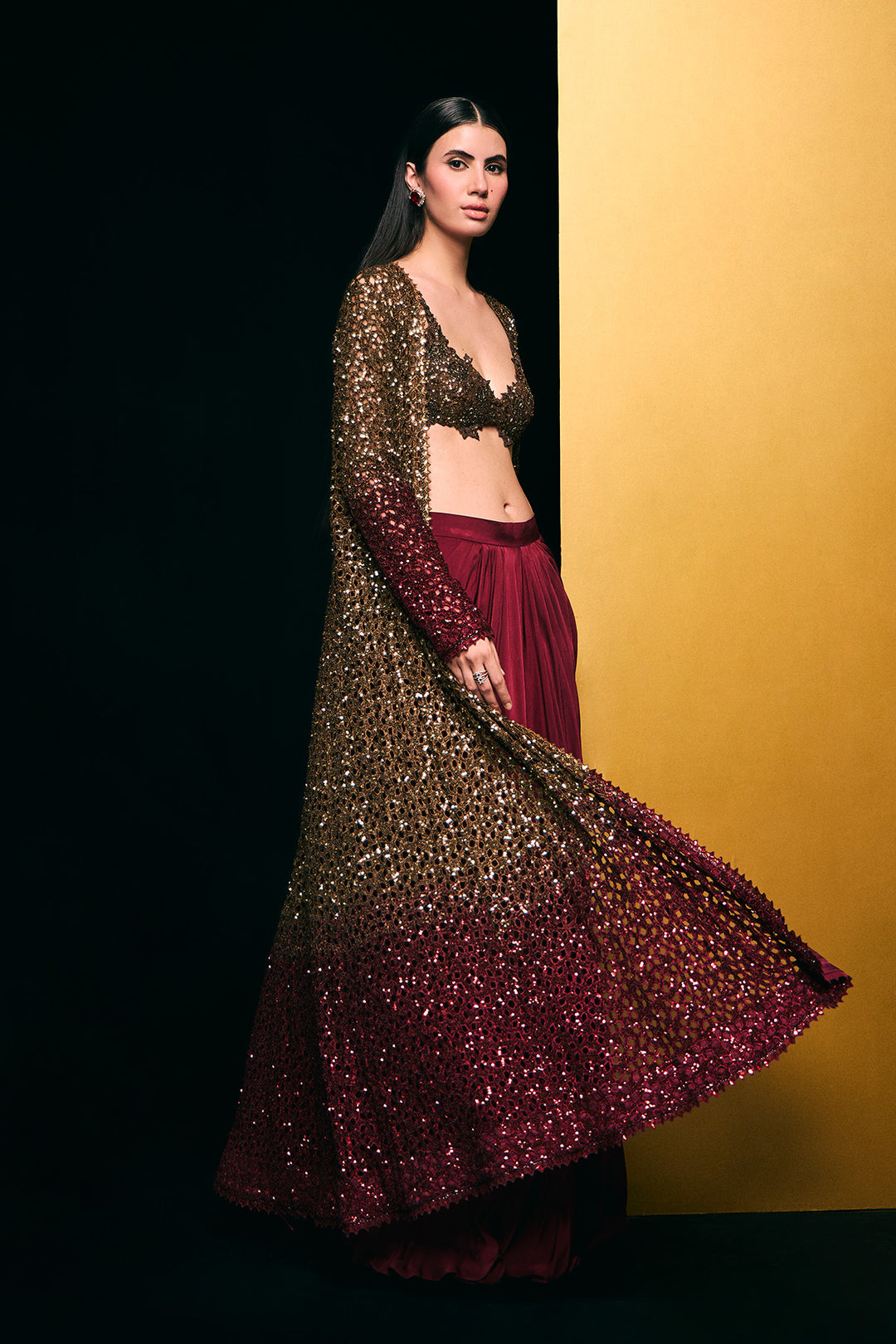 gold to maroon cutwork cape set