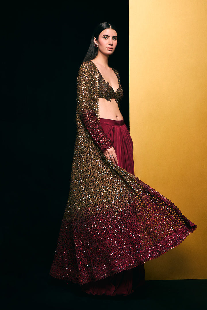 gold to maroon cutwork cape set