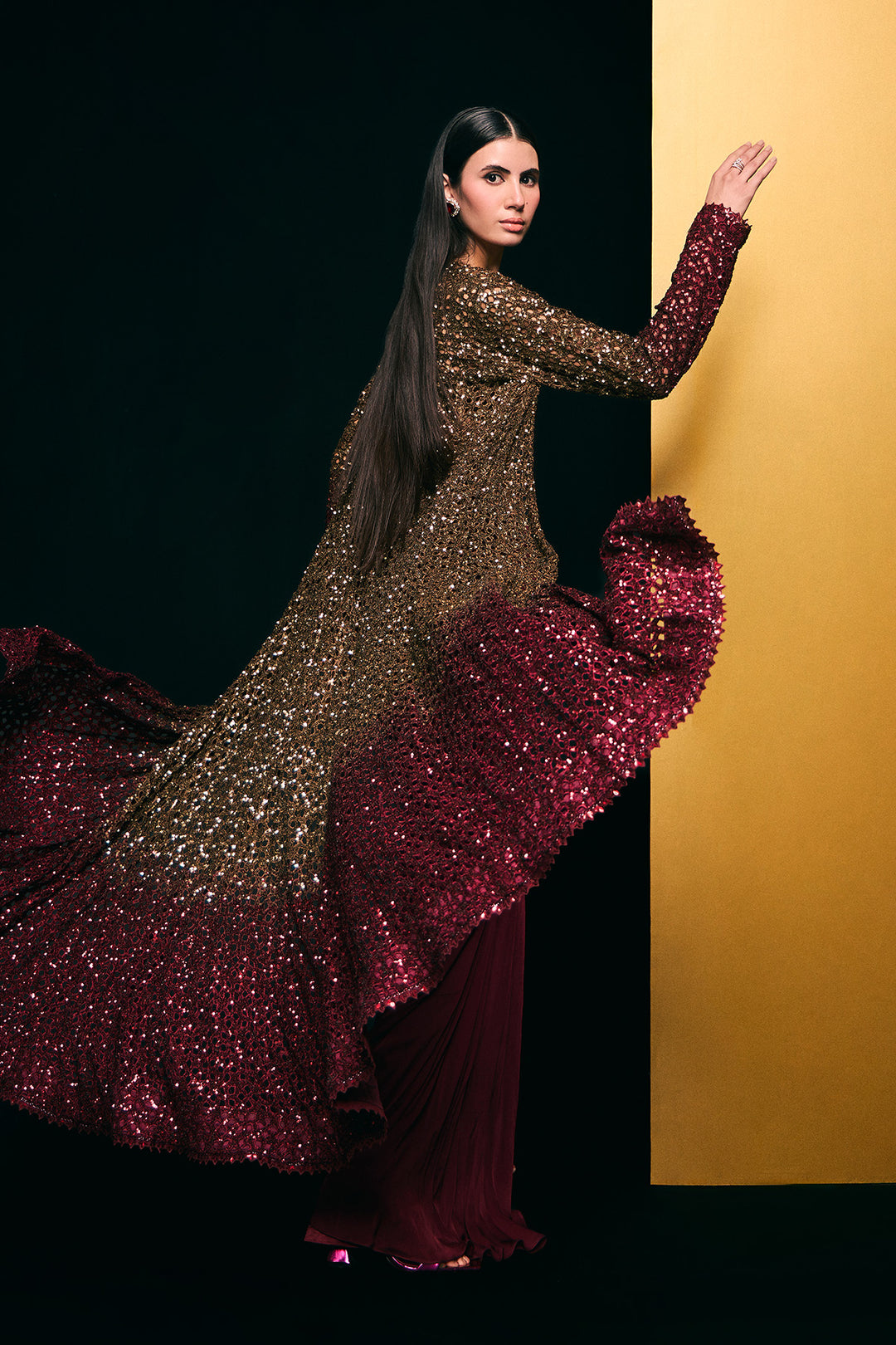 gold to maroon cutwork cape set