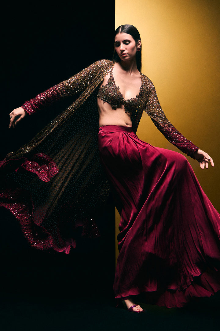 gold to maroon cutwork cape set