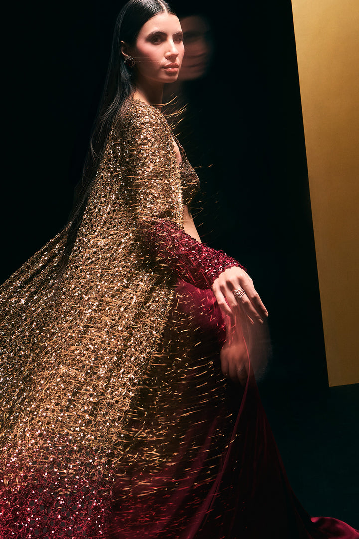 gold to maroon cutwork cape set