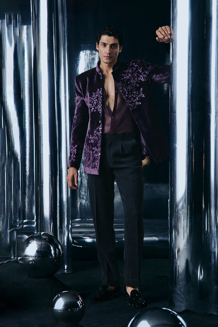 Purple velvet Bandhgala set