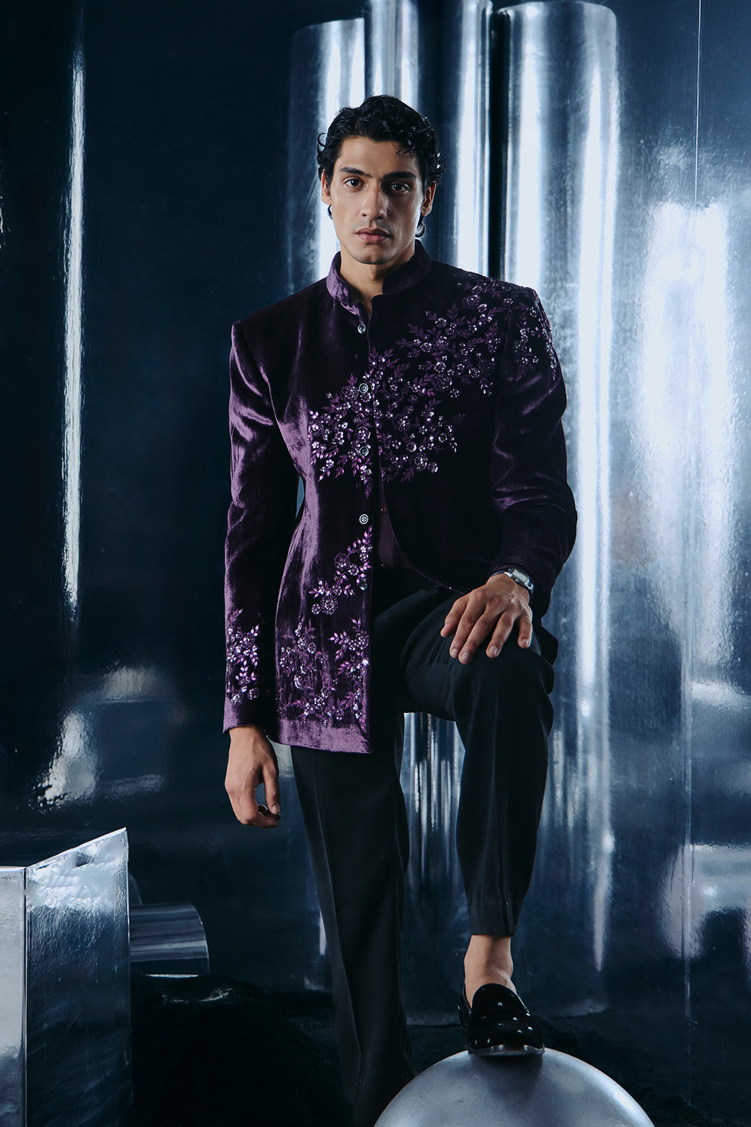 Purple velvet Bandhgala set