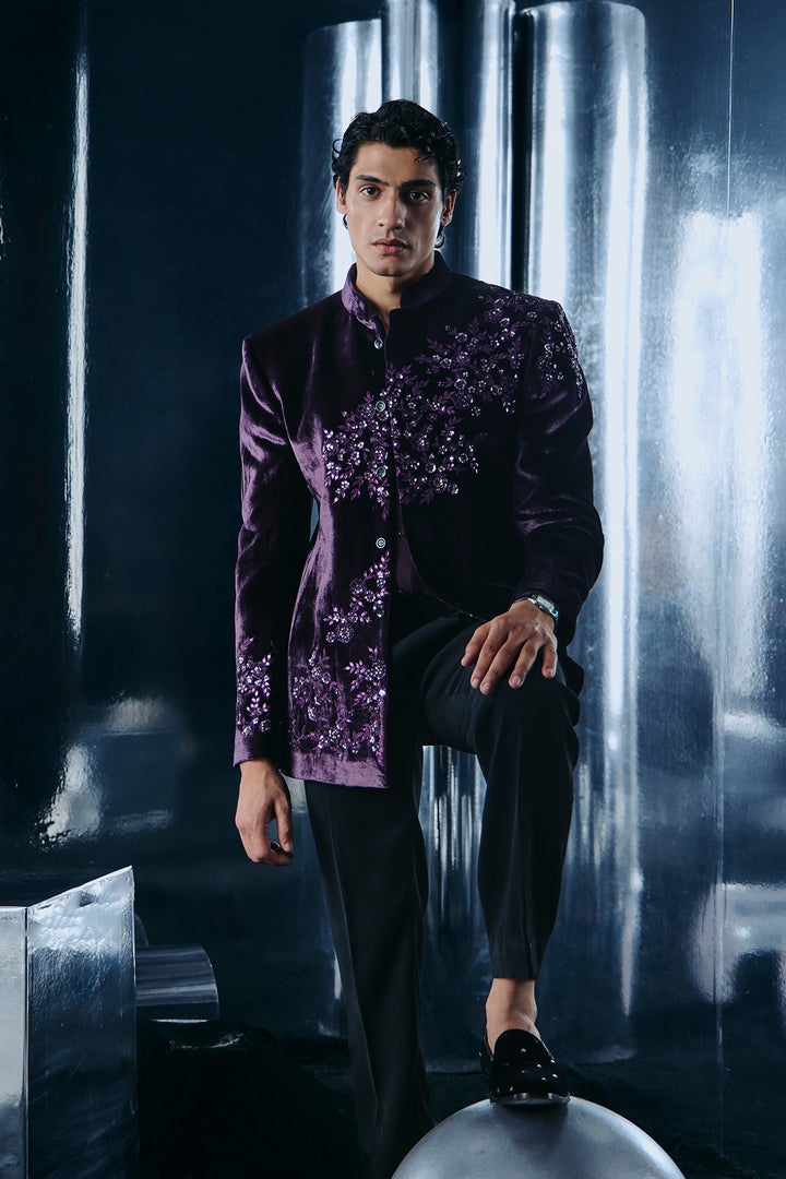 Purple velvet Bandhgala set