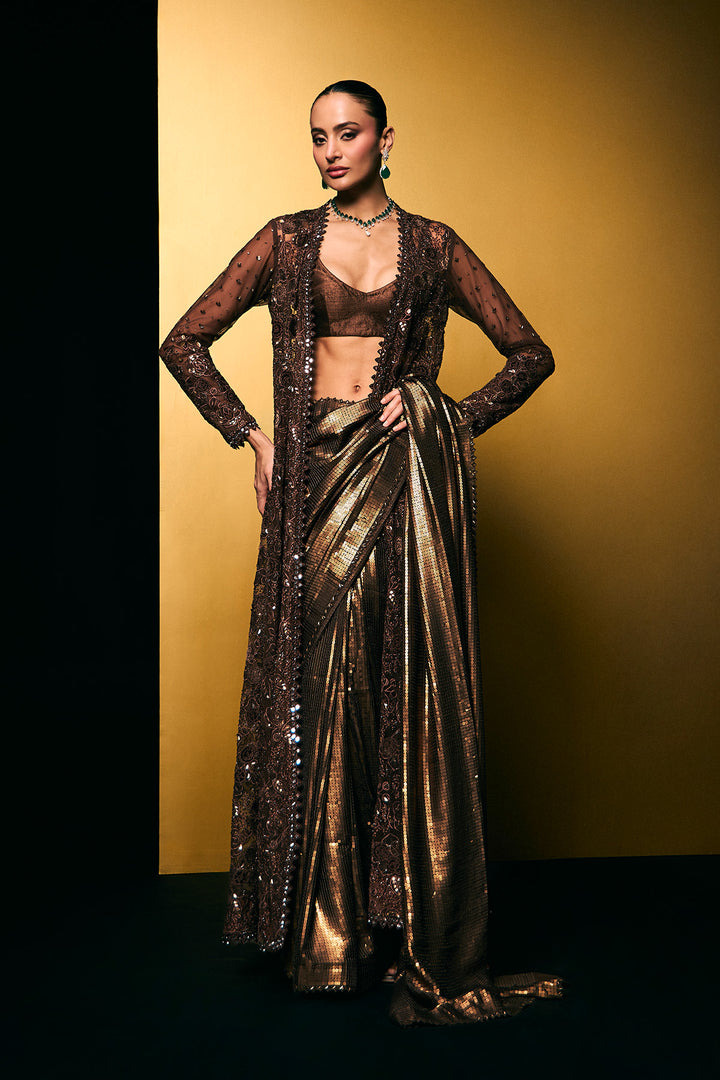 Coffee gold sequins saree with cape