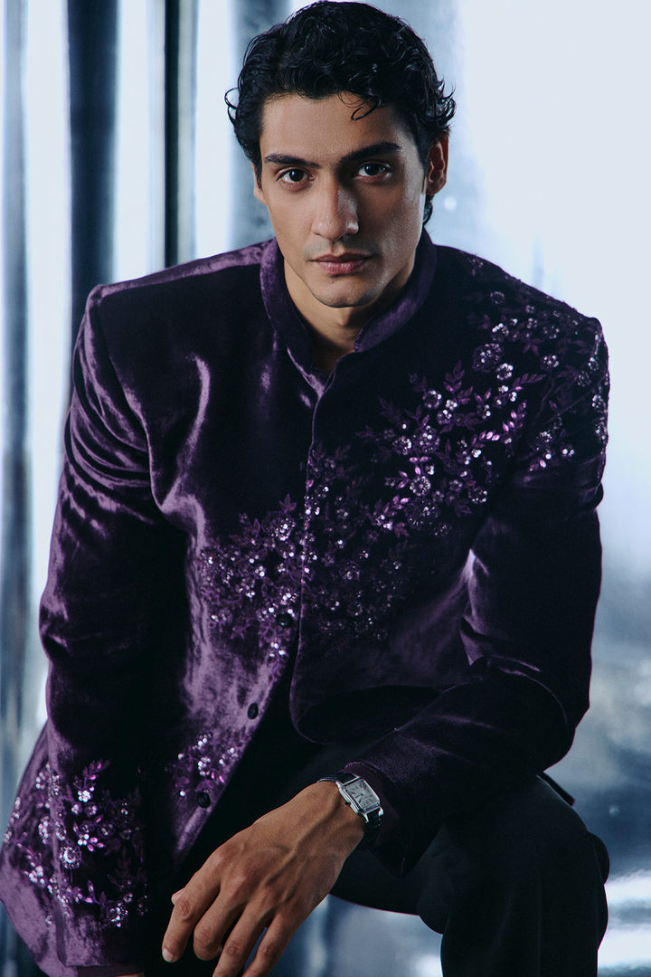 Purple velvet Bandhgala set