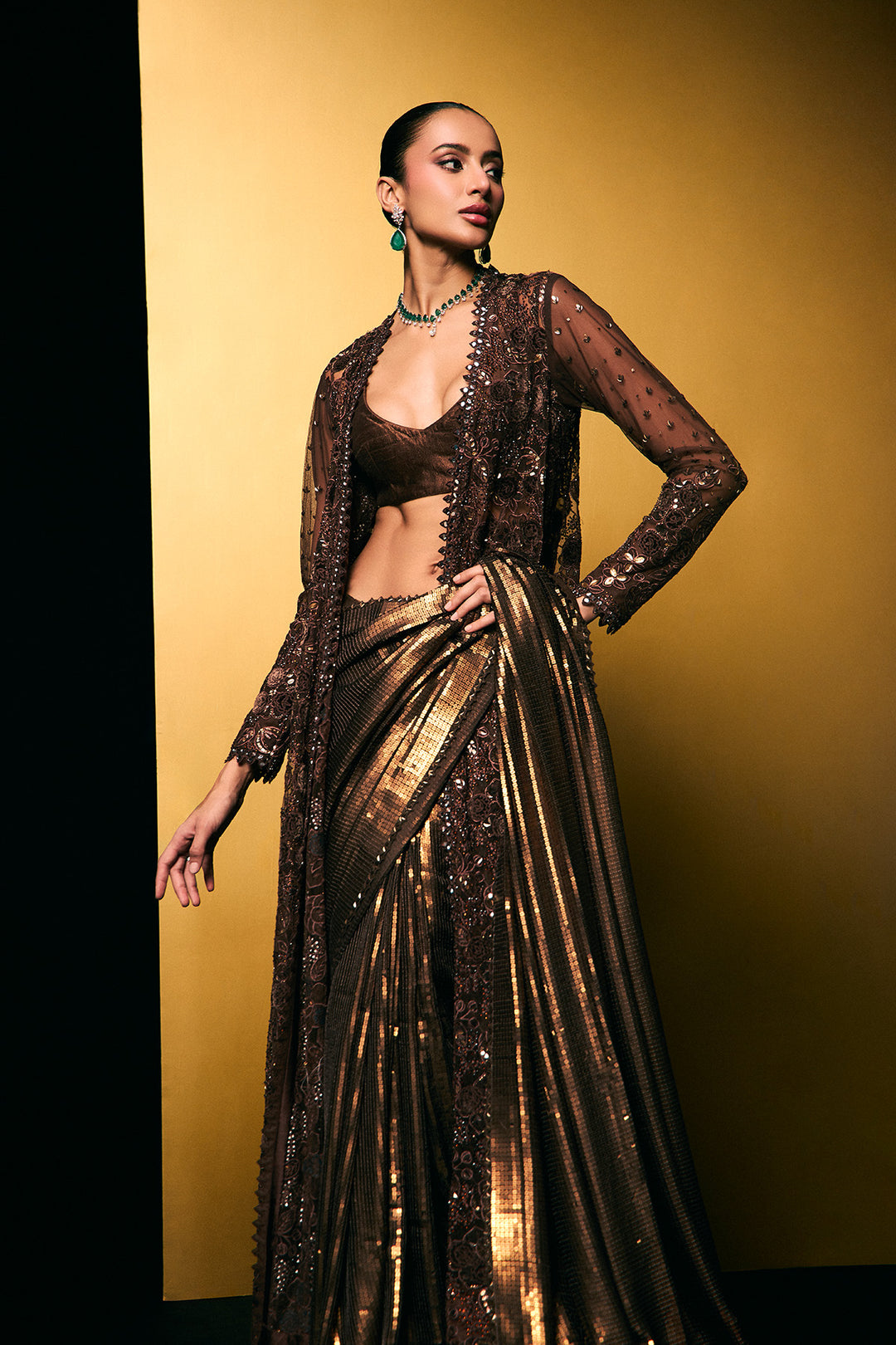 Coffee gold sequins saree with cape