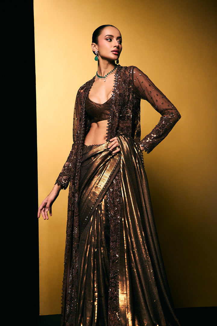 Coffee gold sequins saree with cape