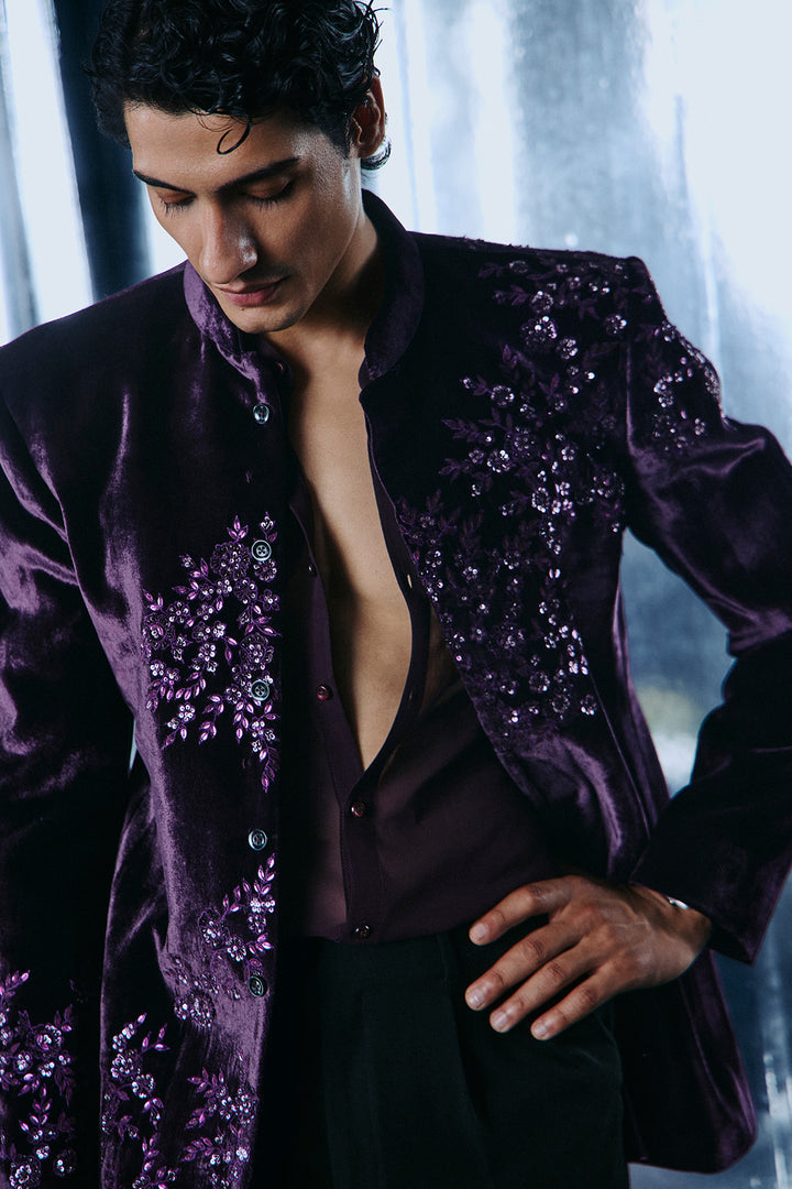 Purple velvet Bandhgala set