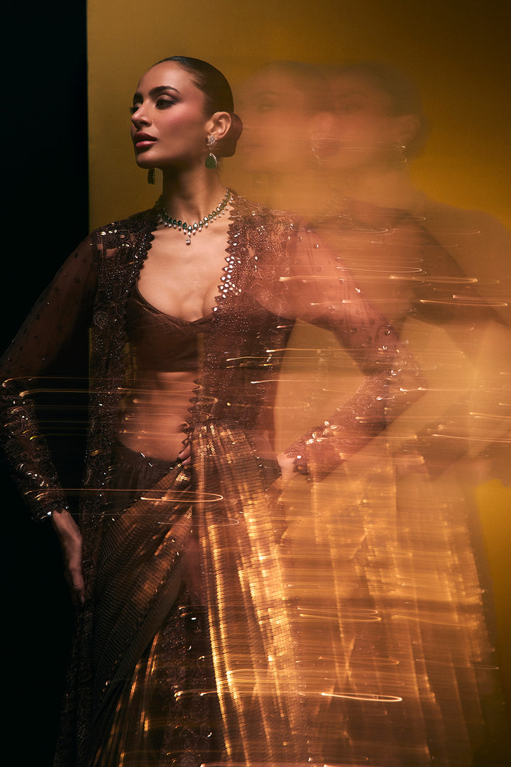 Coffee gold sequins saree with cape
