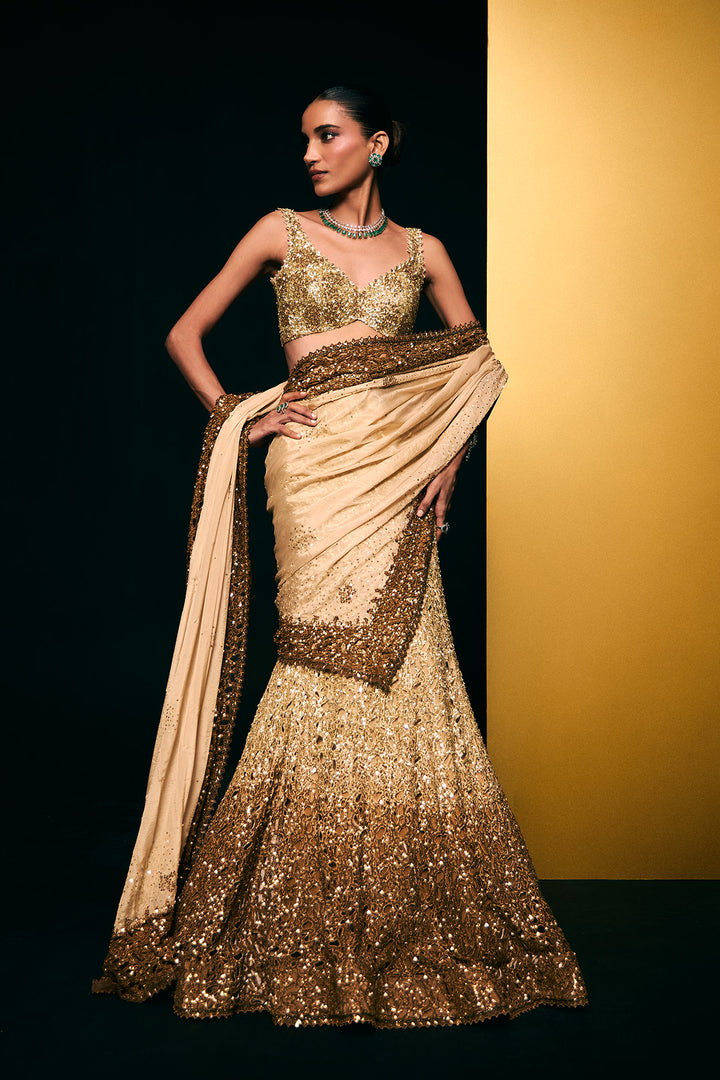 beige to gold fishcut lehenga set