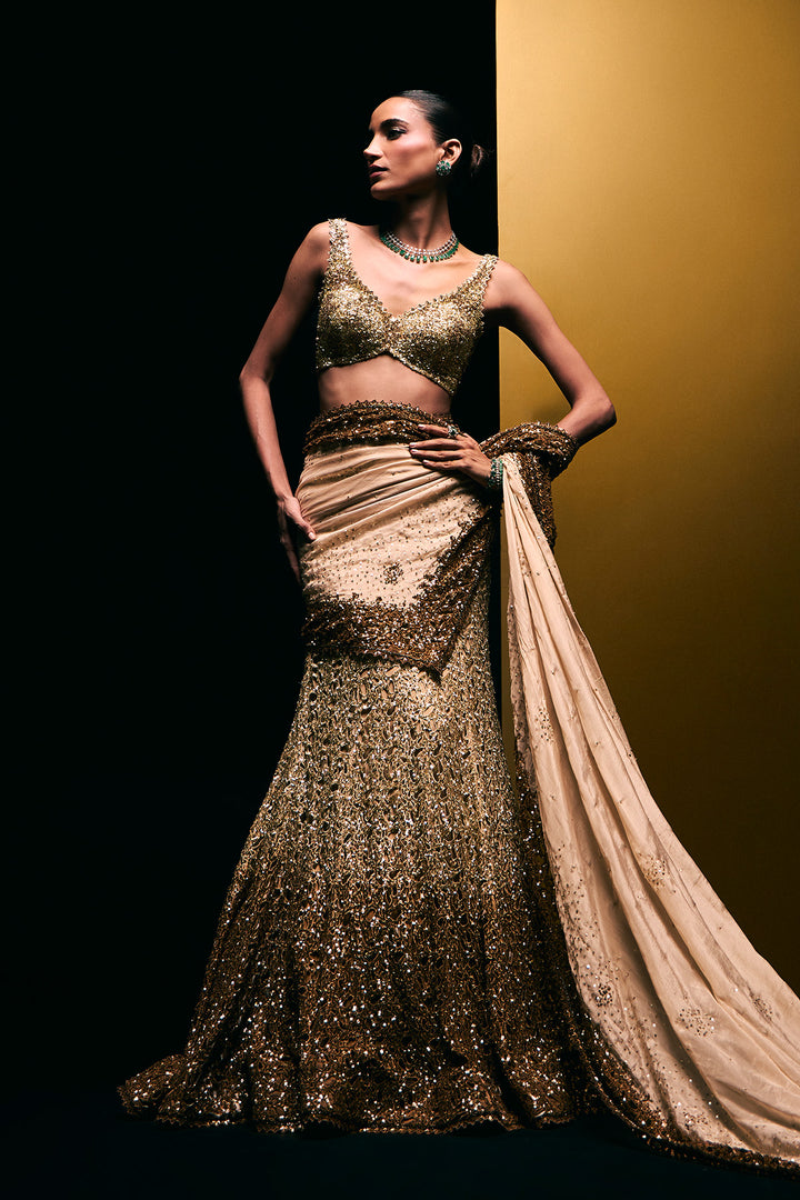 beige to gold fishcut lehenga set