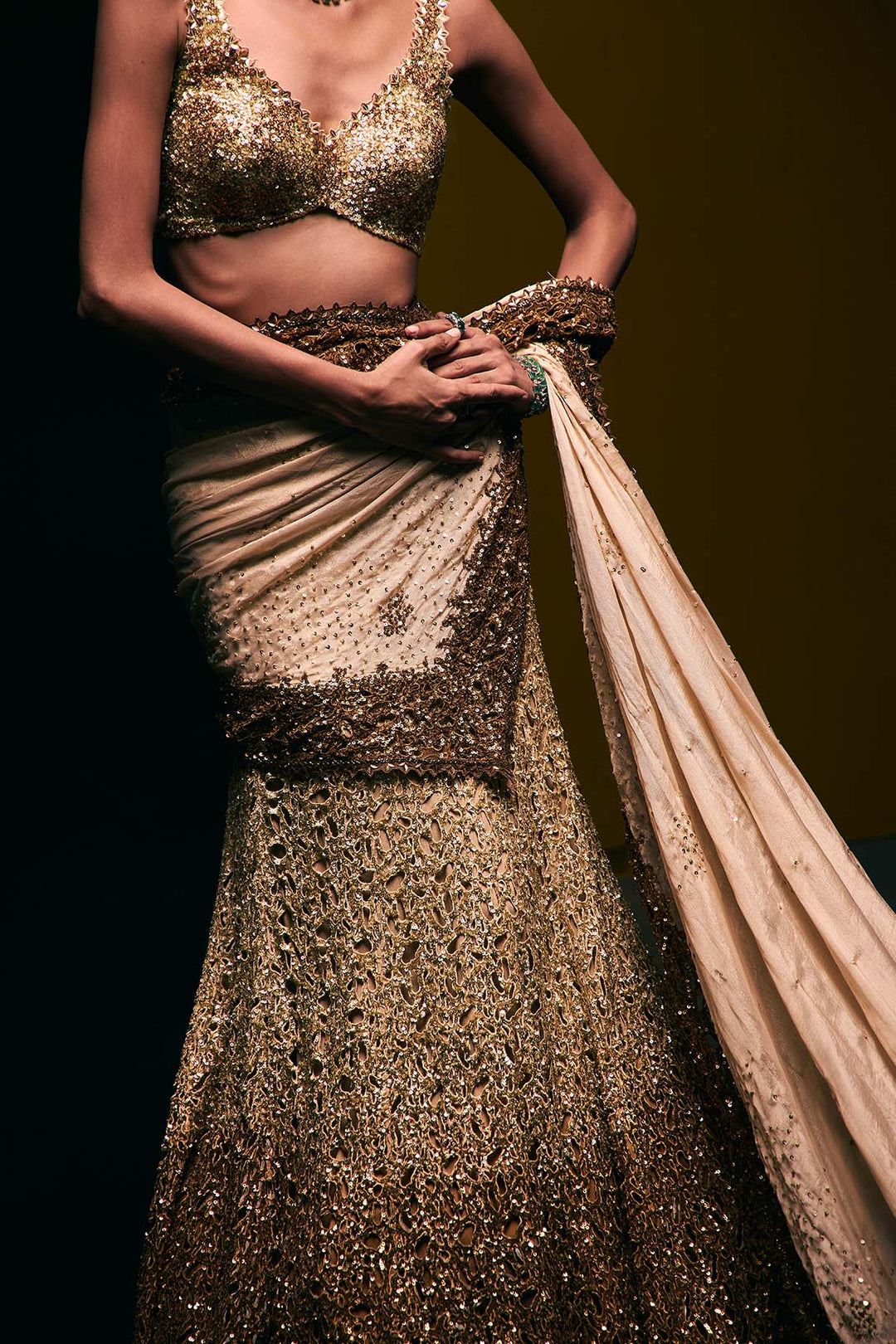 beige to gold fishcut lehenga set