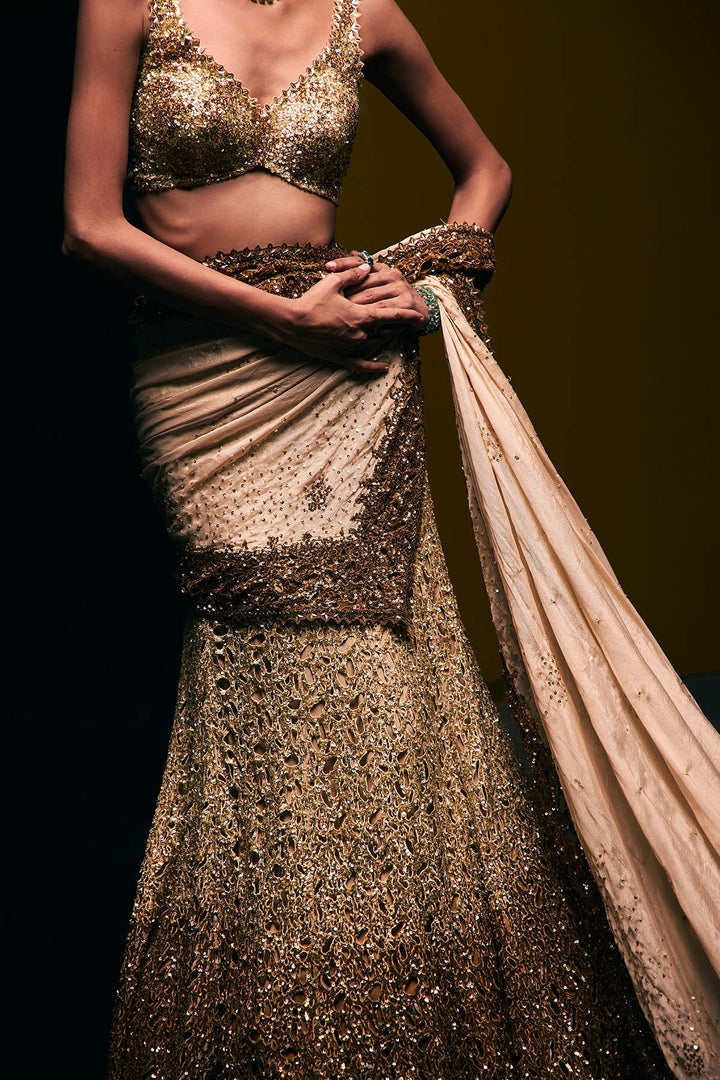 beige to gold fishcut lehenga set