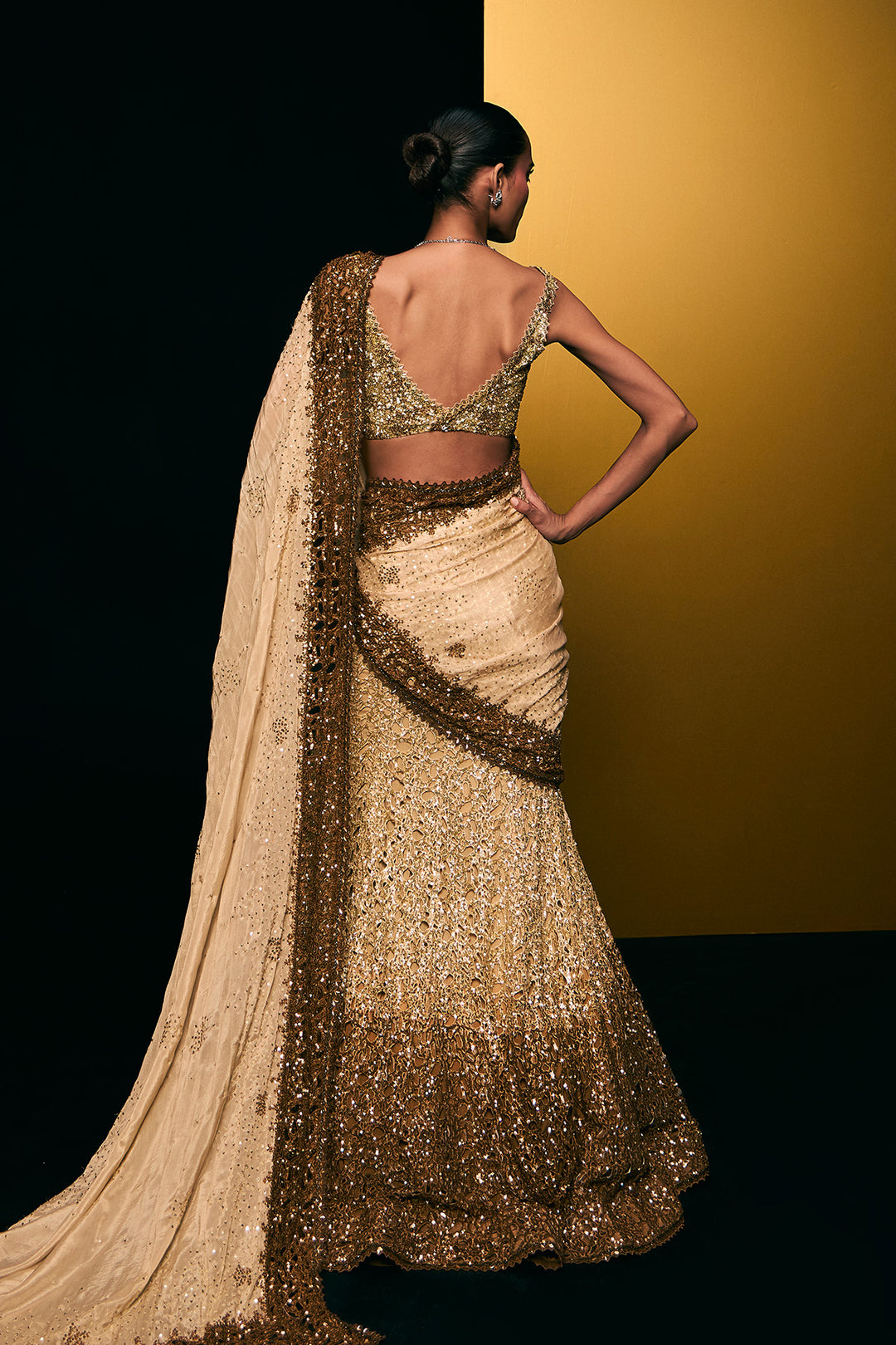 beige to gold fishcut lehenga set