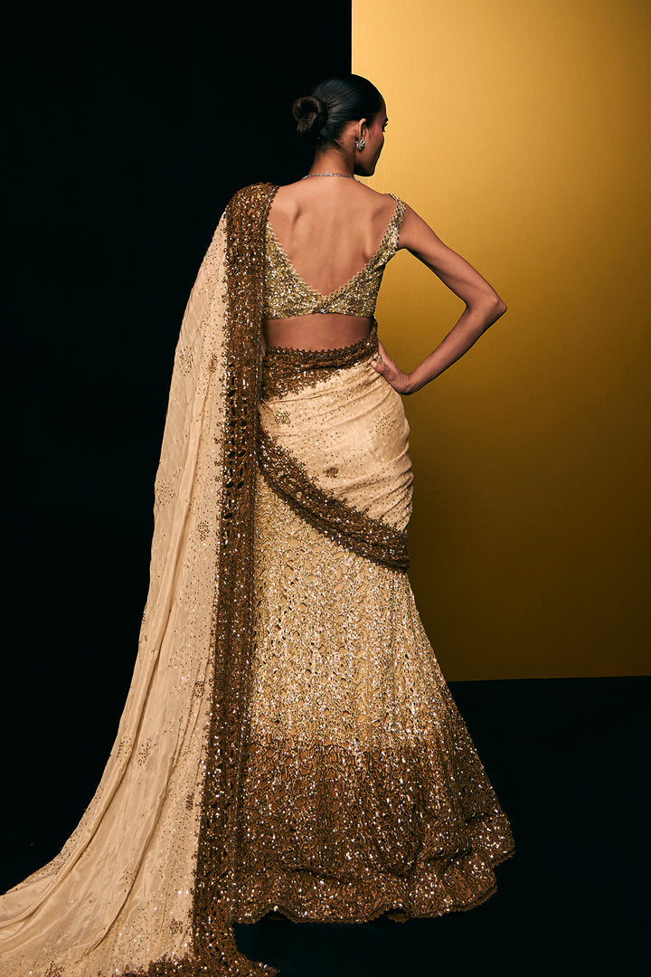 beige to gold fishcut lehenga set