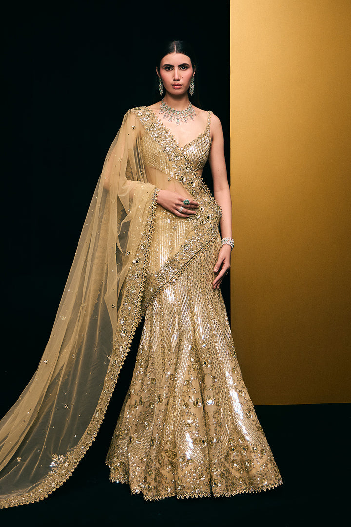 gold fishcut lehnga set