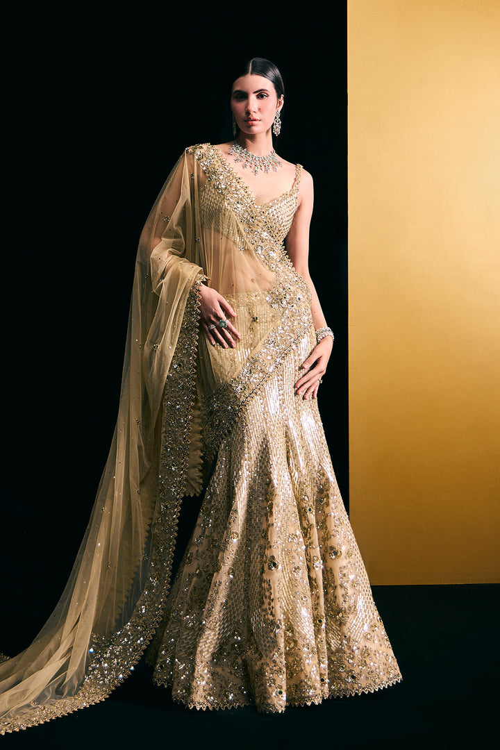 gold fishcut lehnga set