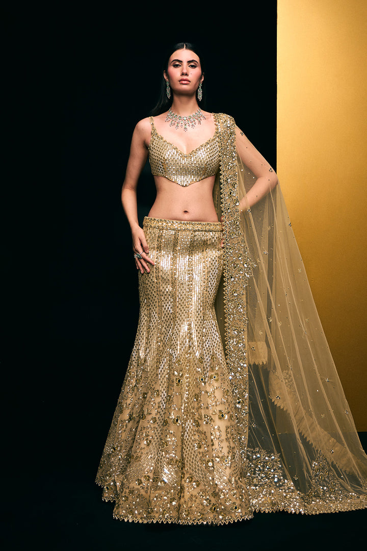 gold fishcut lehnga set
