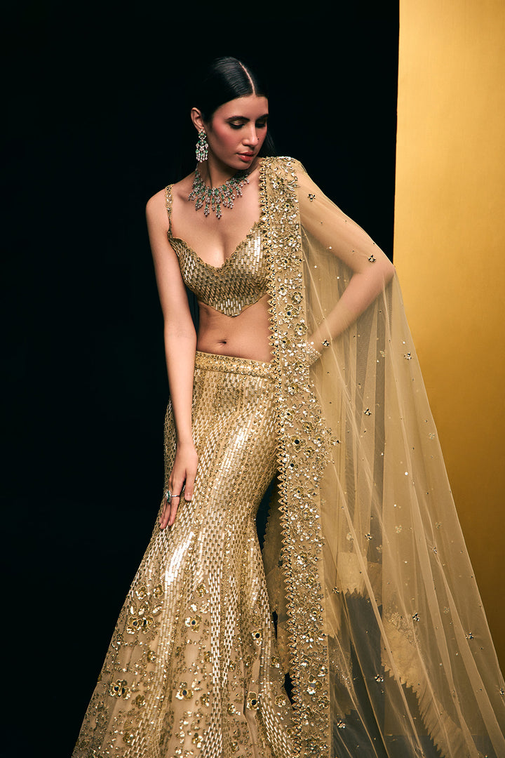 gold fishcut lehnga set