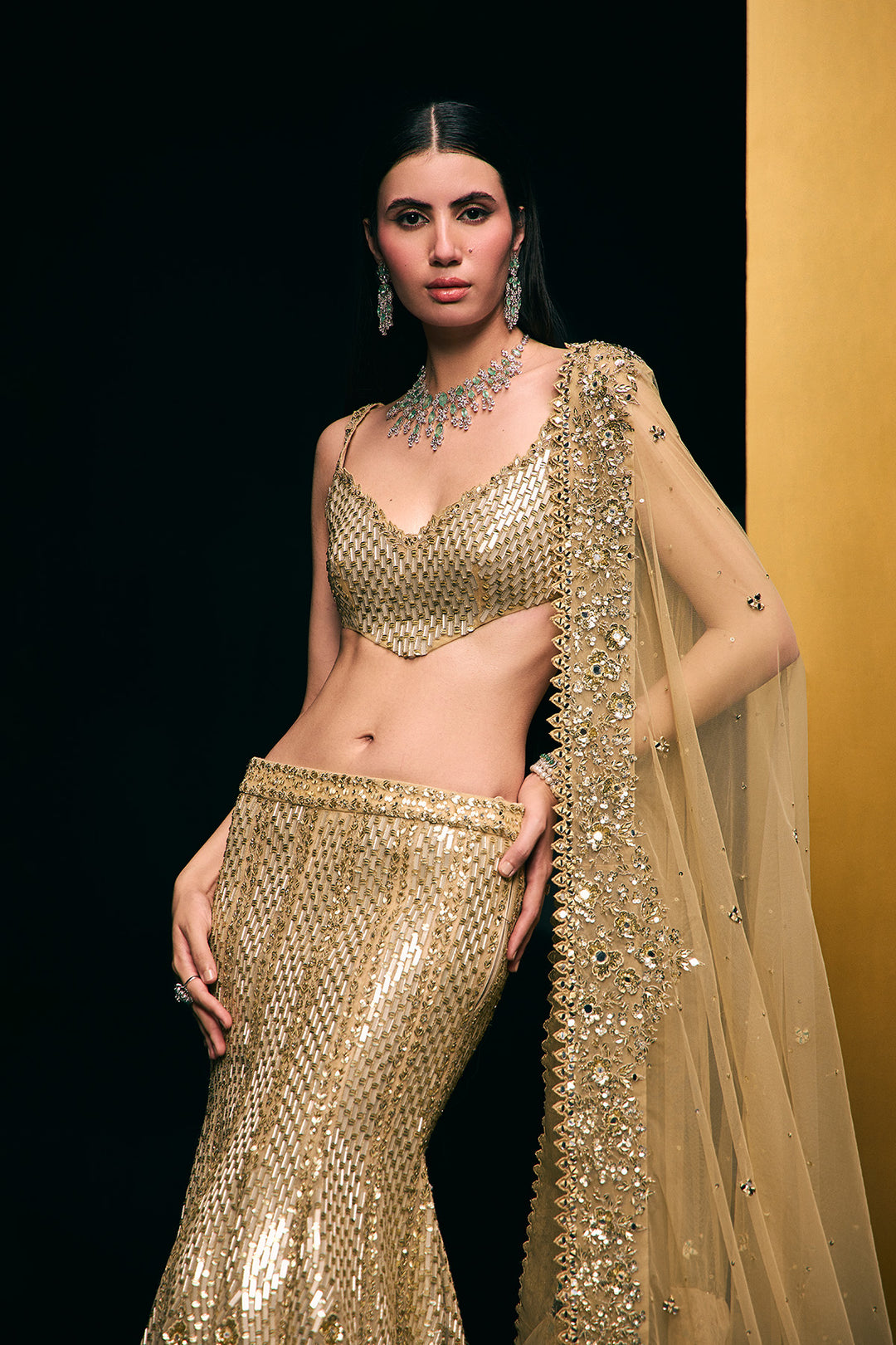 gold fishcut lehnga set