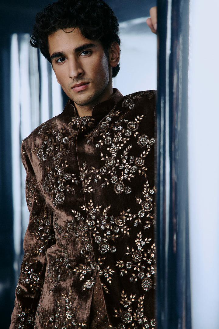 Coffee floral embroidery Bandhgala set