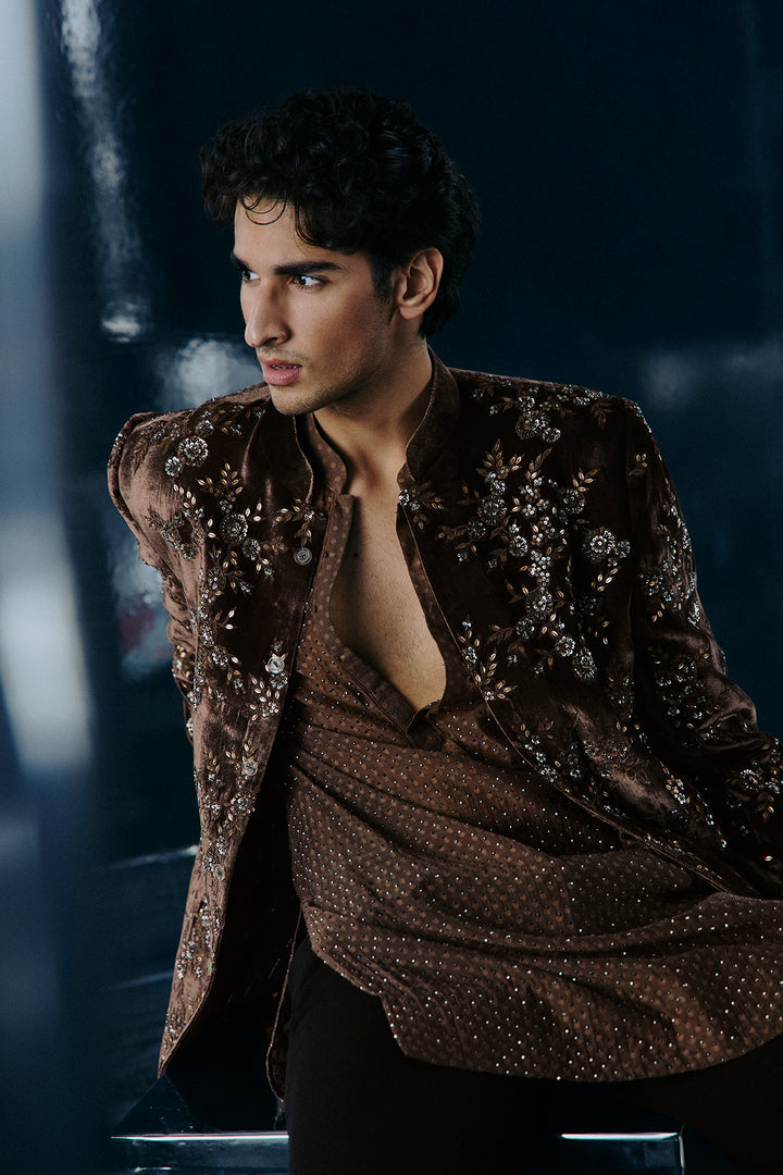 Coffee floral embroidery Bandhgala set