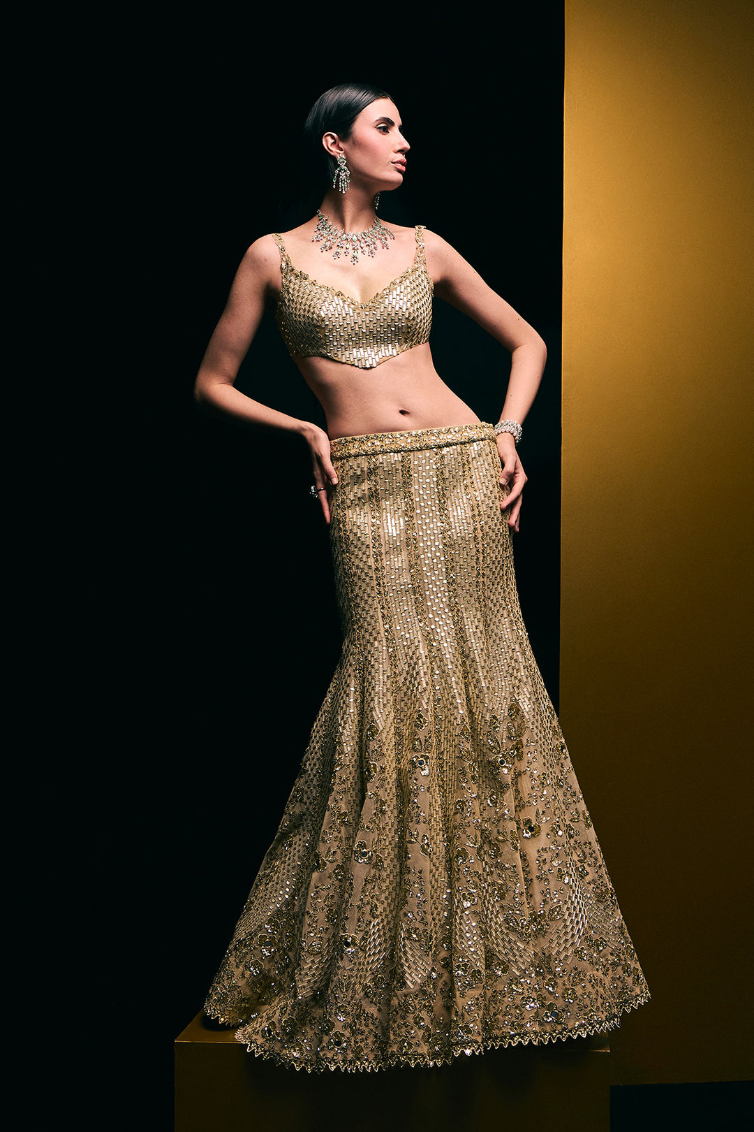 gold fishcut lehnga set