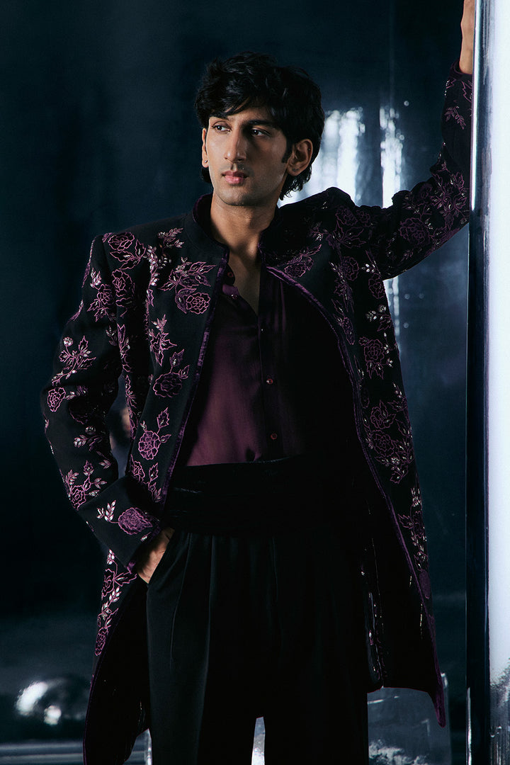 Black sherwani with purple Applique work