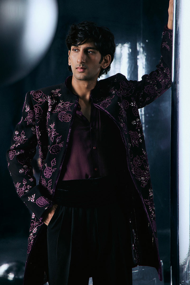 Black sherwani with purple Applique work