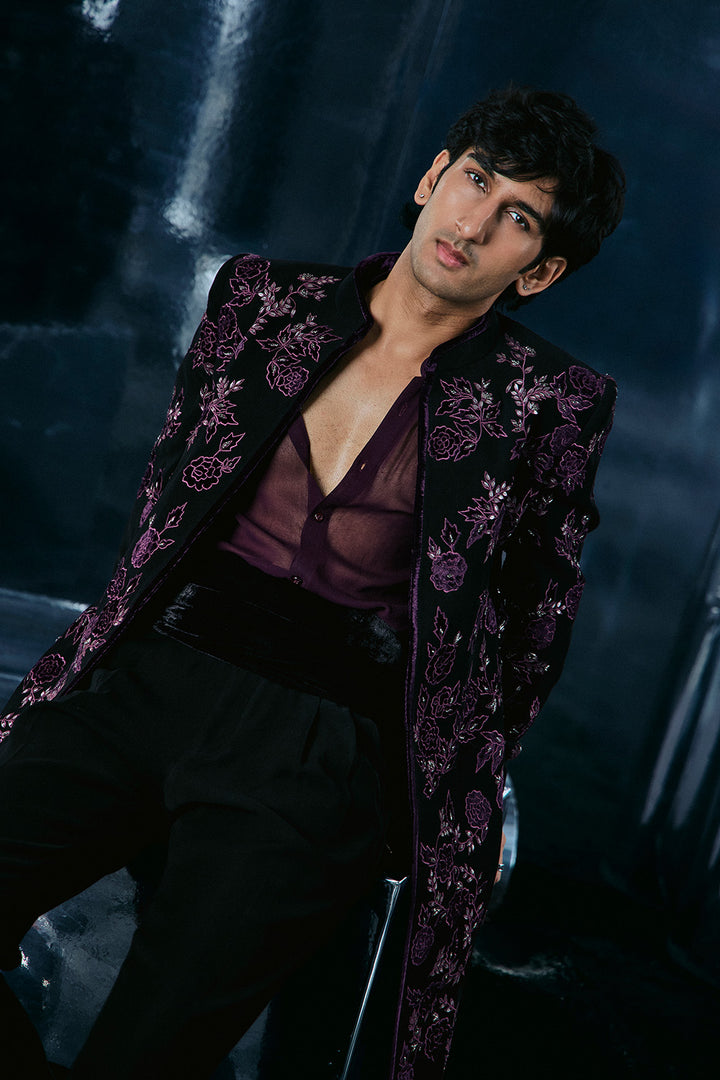 Black sherwani with purple Applique work
