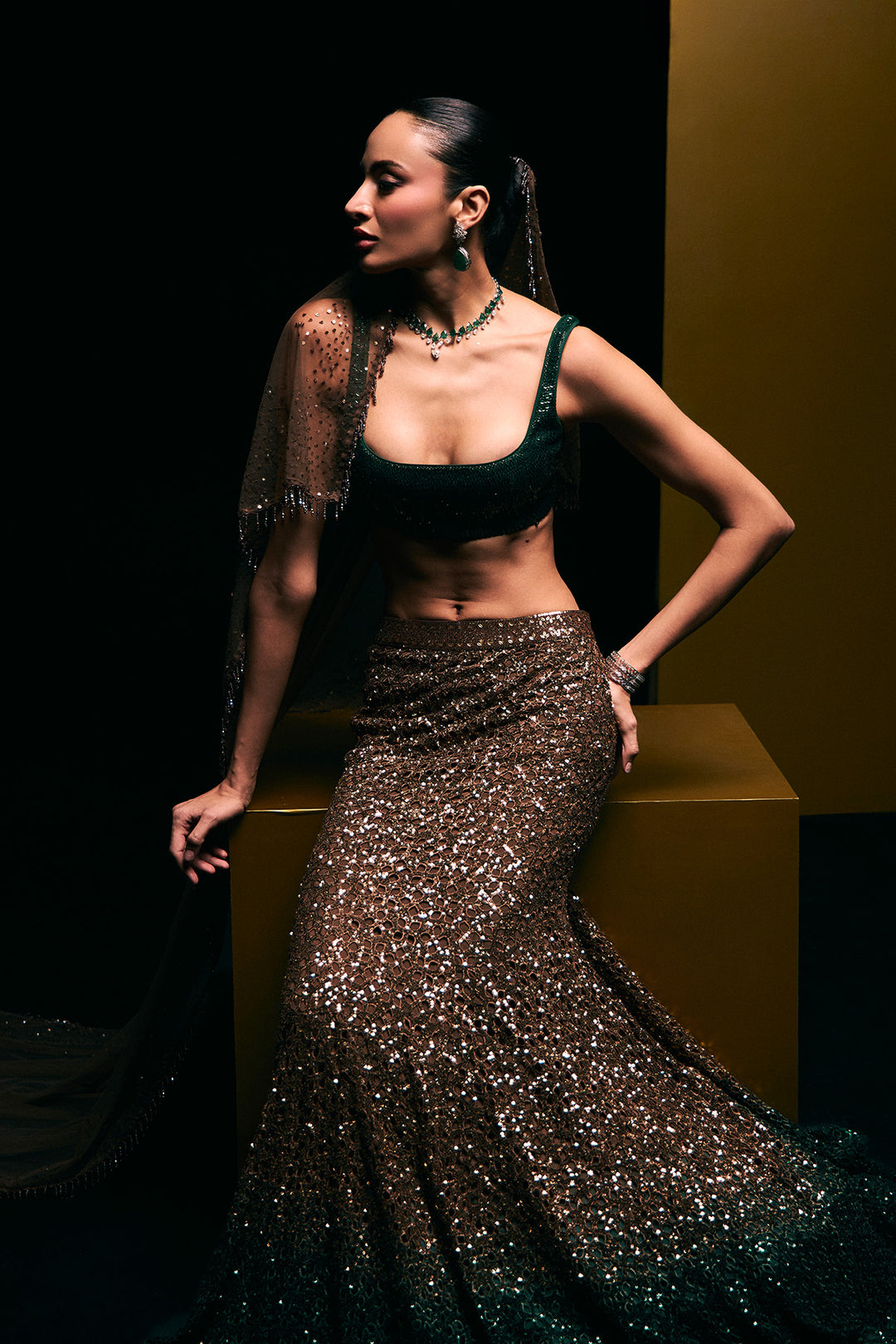 gold to green fishcut lehenga