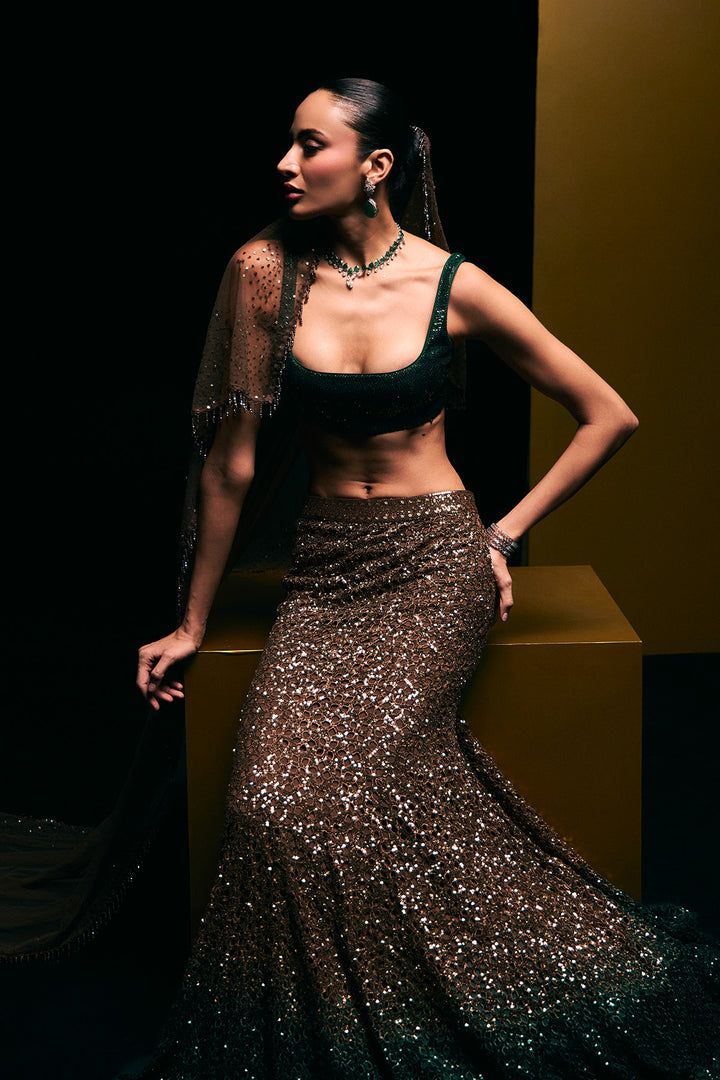 gold to green fishcut lehenga